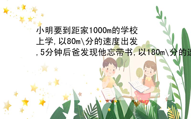 小明要到距家1000m的学校上学,以80m\分的速度出发,5分钟后爸发现他忘带书,以180m\分的速度追,能追上吗