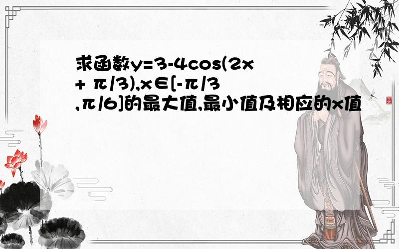 求函数y=3-4cos(2x+ π/3),x∈[-π/3,π/6]的最大值,最小值及相应的x值