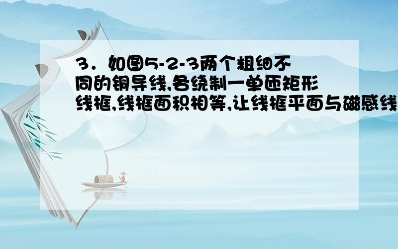 3．如图5-2-3两个粗细不同的铜导线,各绕制一单匝矩形线框,线框面积相等,让线框平面与磁感线方向垂直,从磁场外同一高度