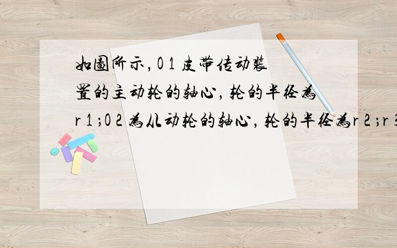 如图所示，O 1 皮带传动装置的主动轮的轴心，轮的半径为r 1 ；O 2 为从动轮的轴心，轮的半径为r 2 ；r 3 为