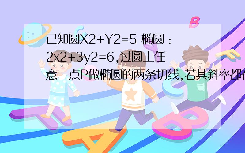 已知圆X2+Y2=5 椭圆：2x2+3y2=6,过圆上任意一点P做椭圆的两条切线,若其斜率都存在,求其斜率之积是定值