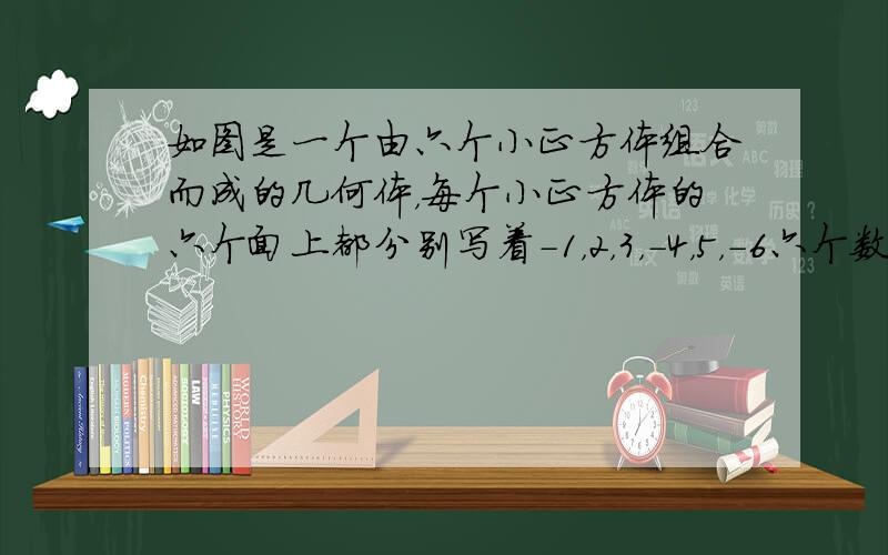 如图是一个由六个小正方体组合而成的几何体，每个小正方体的六个面上都分别写着-1，2，3，-4，5，-6六个数字，那么图中