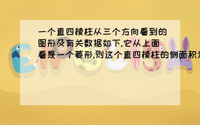 一个直四棱柱从三个方向看到的图形及有关数据如下.它从上面看是一个菱形,则这个直四棱柱的侧面积为 cm2