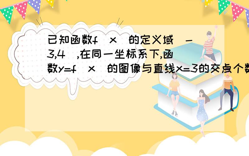 已知函数f(x)的定义域[-3,4],在同一坐标系下,函数y=f(x)的图像与直线x=3的交点个数为（）.