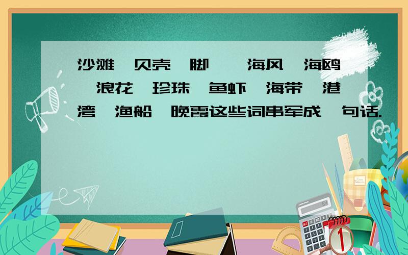 沙滩、贝壳、脚丫、海风、海鸥、浪花、珍珠、鱼虾、海带、港湾、渔船、晚霞这些词串军成一句话.