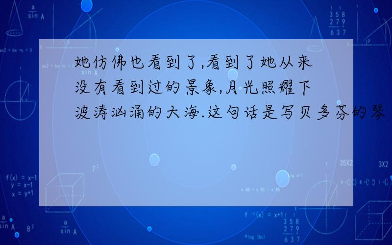 她仿佛也看到了,看到了她从来没有看到过的景象,月光照耀下波涛汹涌的大海.这句话是写贝多芬的琴声带