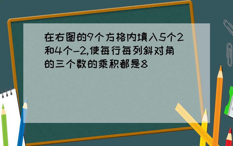 在右图的9个方格内填入5个2和4个-2,使每行每列斜对角的三个数的乘积都是8