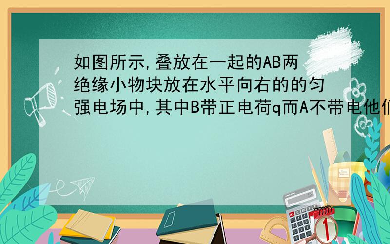 如图所示,叠放在一起的AB两绝缘小物块放在水平向右的的匀强电场中,其中B带正电荷q而A不带电他们一起沿绝缘水平面以某一速