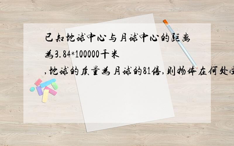 已知地球中心与月球中心的距离为3.84*100000千米,地球的质量为月球的81倍,则物体在何处受月球引力和地球