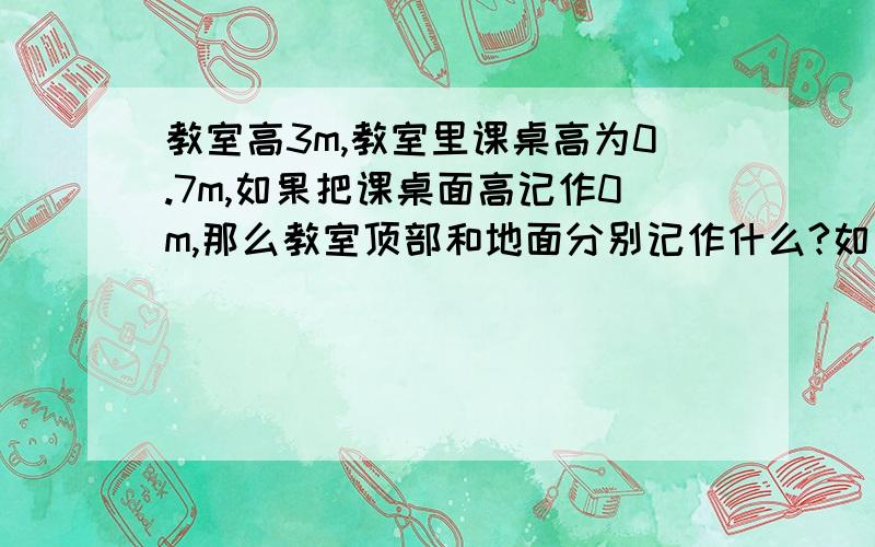 教室高3m,教室里课桌高为0.7m,如果把课桌面高记作0m,那么教室顶部和地面分别记作什么?如果天花板为0m,那么桌面高
