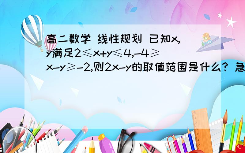 高二数学 线性规划 已知x,y满足2≤x+y≤4,-4≥x-y≥-2,则2x-y的取值范围是什么? 急!急!急!