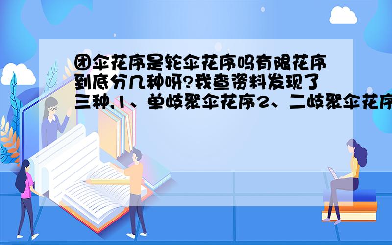 团伞花序是轮伞花序吗有限花序到底分几种呀?我查资料发现了三种,1、单歧聚伞花序2、二歧聚伞花序3、多歧聚伞花序.团伞花序