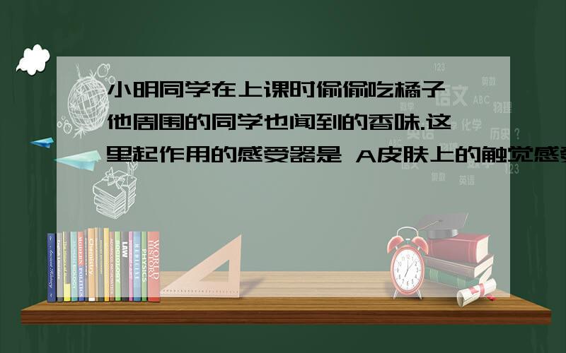 小明同学在上课时偷偷吃橘子,他周围的同学也闻到的香味.这里起作用的感受器是 A皮肤上的触觉感受器 B舌头