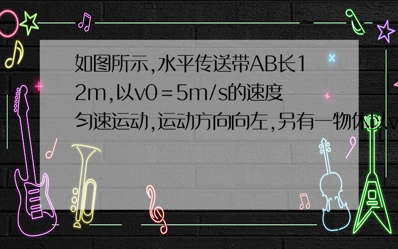 如图所示,水平传送带AB长12m,以v0＝5m/s的速度匀速运动,运动方向向左,另有一物体以v＝10m/s的速度...