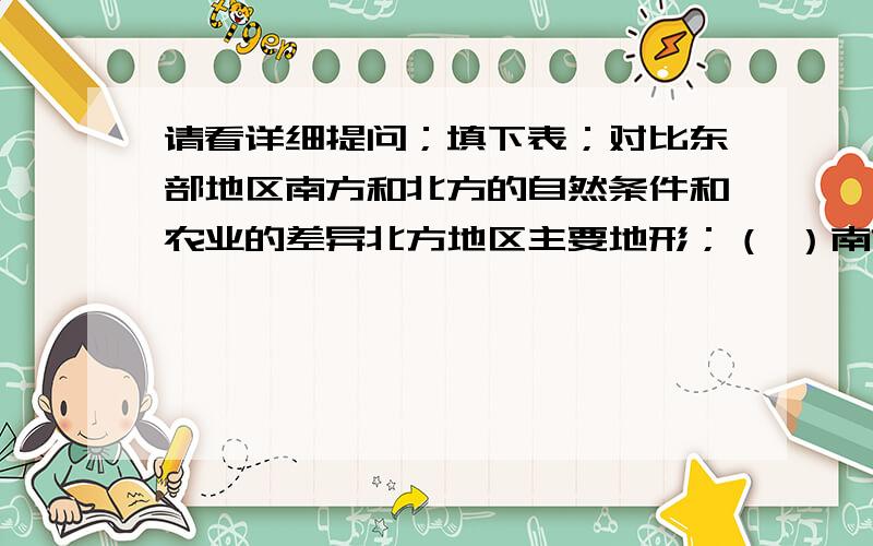 请看详细提问；填下表；对比东部地区南方和北方的自然条件和农业的差异北方地区主要地形；（ ）南方地区主要地形（长江中下游平