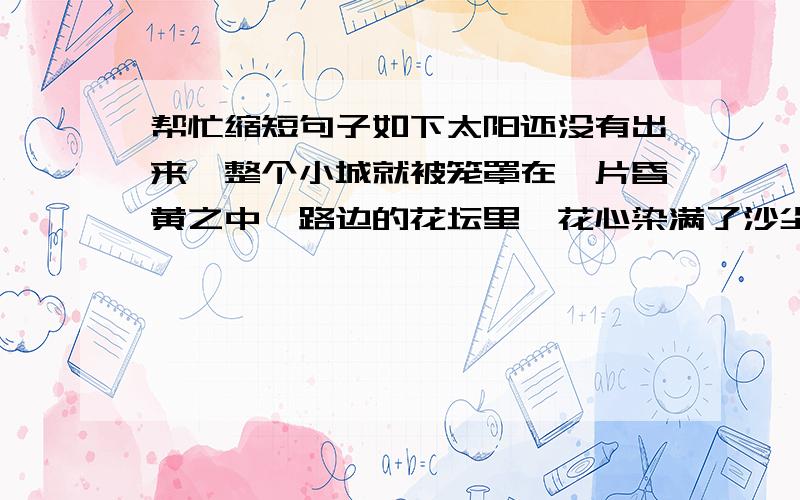 帮忙缩短句子如下太阳还没有出来,整个小城就被笼罩在一片昏黄之中,路边的花坛里,花心染满了沙尘.就在我埋怨这糟糕的鬼天气时