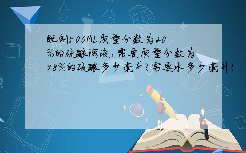 配制500ML质量分数为20%的硫酸溶液,需要质量分数为98%的硫酸多少毫升?需要水多少毫升?