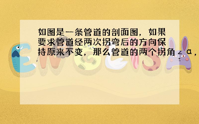 如图是一条管道的剖面图，如果要求管道经两次拐弯后的方向保持原来不变，那么管道的两个拐角∠α，∠β之间的关系是（　　）