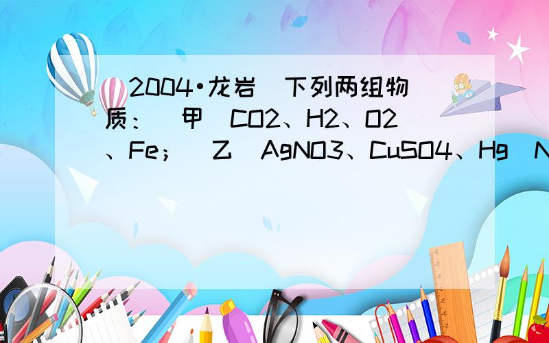 （2004•龙岩）下列两组物质：（甲）CO2、H2、O2、Fe；（乙）AgNO3、CuSO4、Hg（NO3）2、HCl