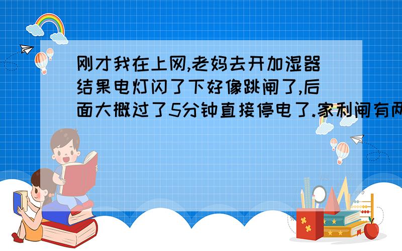 刚才我在上网,老妈去开加湿器结果电灯闪了下好像跳闸了,后面大概过了5分钟直接停电了.家利闸有两个,门口还有个总闸.可是家