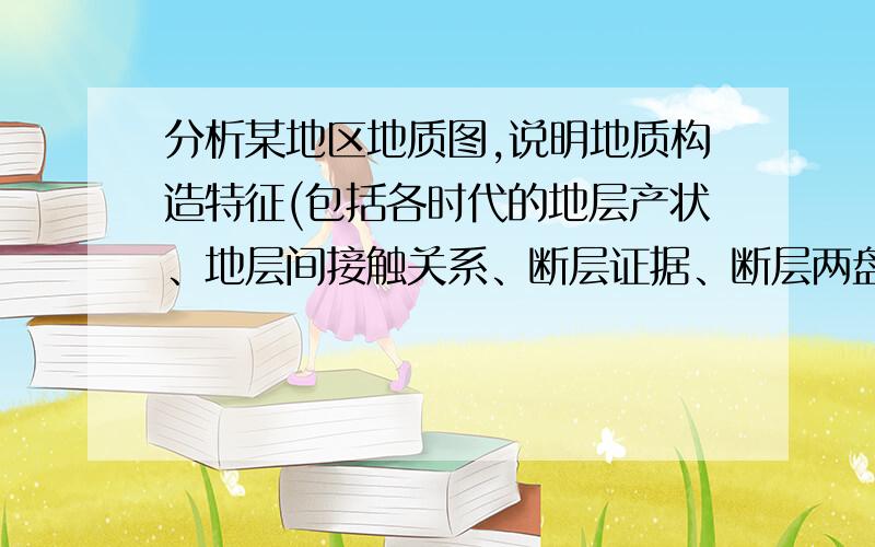 分析某地区地质图,说明地质构造特征(包括各时代的地层产状、地层间接触关系、断层证据、断层两盘的位置、断层产状和性质等.