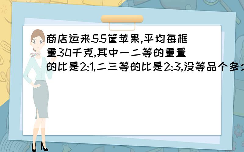 商店运来55筐苹果,平均每框重30千克,其中一二等的重量的比是2:1,二三等的比是2:3,没等品个多少千克