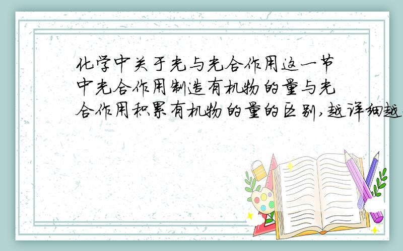 化学中关于光与光合作用这一节中光合作用制造有机物的量与光合作用积累有机物的量的区别,越详细越好.