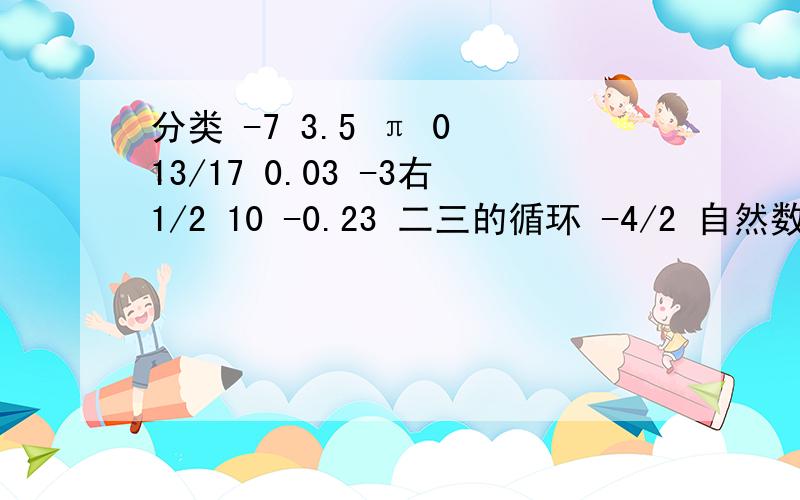 分类 -7 3.5 π 0 13/17 0.03 -3右1/2 10 -0.23 二三的循环 -4/2 自然数 整数 正