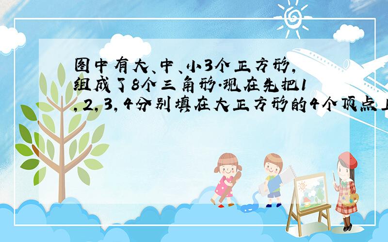 图中有大、中、小3个正方形，组成了8个三角形．现在先把1，2，3，4分别填在大正方形的4个顶点上，再把1，2，3，4分别