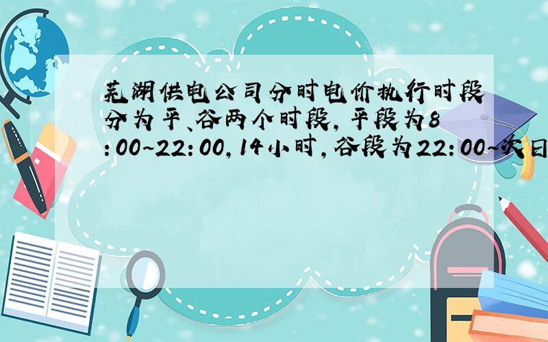 芜湖供电公司分时电价执行时段分为平、谷两个时段,平段为8：00~22：00,14小时,谷段为22：00~次日8：00,1