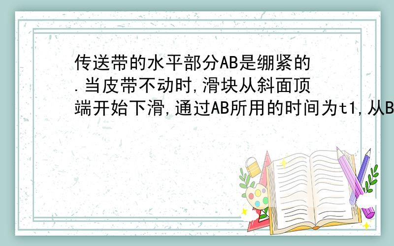 传送带的水平部分AB是绷紧的.当皮带不动时,滑块从斜面顶端开始下滑,通过AB所用的时间为t1,从B端飞出时速度为V1.,