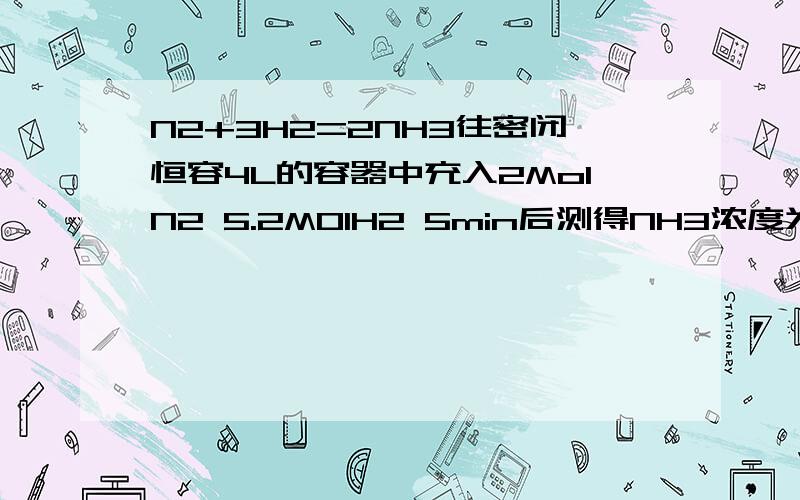 N2+3H2=2NH3往密闭恒容4L的容器中充入2MolN2 5.2MOlH2 5min后测得NH3浓度为0.08Mol