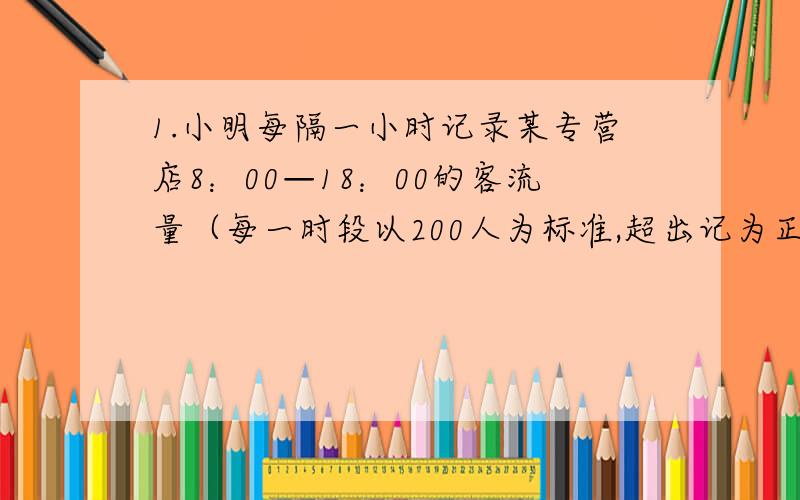 1.小明每隔一小时记录某专营店8：00—18：00的客流量（每一时段以200人为标准,超出记为正,不足记为负）,如下表所