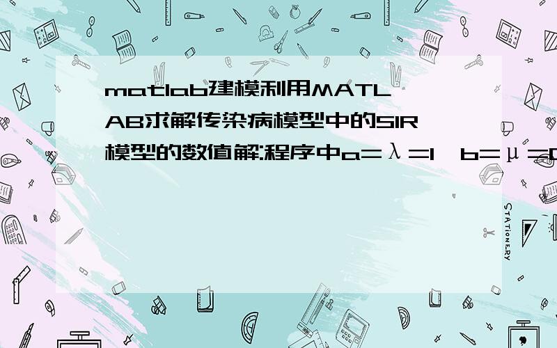 matlab建模利用MATLAB求解传染病模型中的SIR模型的数值解:程序中a=λ=1,b=μ=0.3,i(0)=0.0