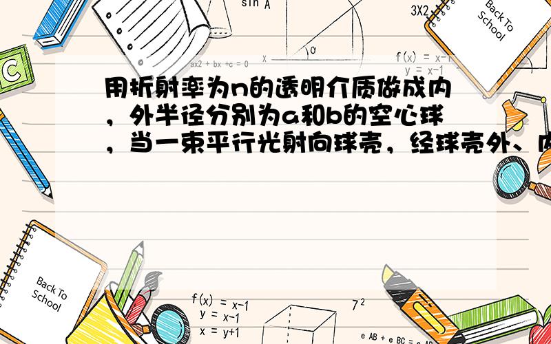 用折射率为n的透明介质做成内，外半径分别为a和b的空心球，当一束平行光射向球壳，经球壳外、内表面两次折射后，能进入空心球