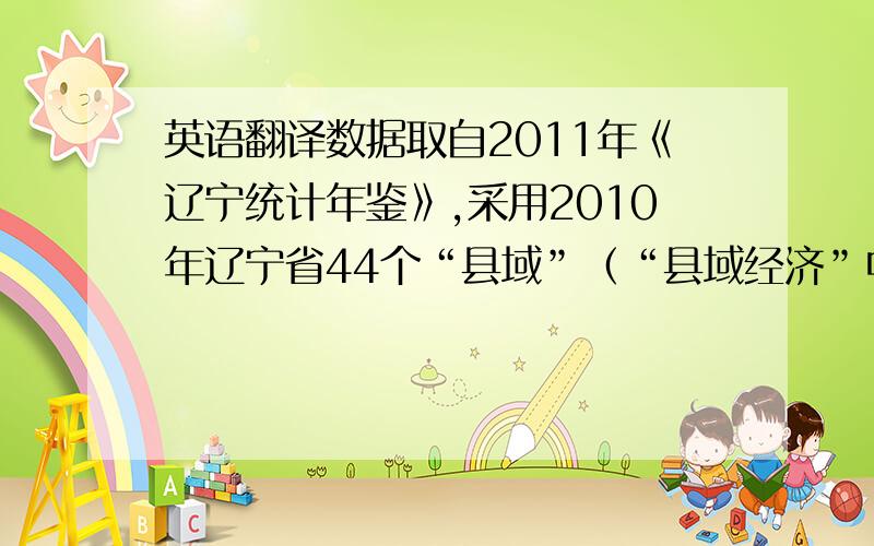 英语翻译数据取自2011年《辽宁统计年鉴》,采用2010年辽宁省44个“县域”（“县域经济”中的县域）的统计指标,包行行