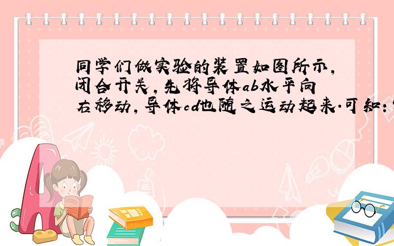 同学们做实验的装置如图所示，闭合开关，先将导体ab水平向右移动，导体cd也随之运动起来．可知：实验装置左侧运用的原理是