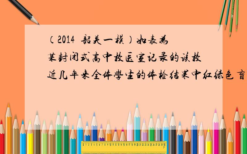 （2014•韶关一模）如表为某封闭式高中校医室记录的该校近几年来全体学生的体检结果中红绿色盲发病情况统计数据．请根据表中