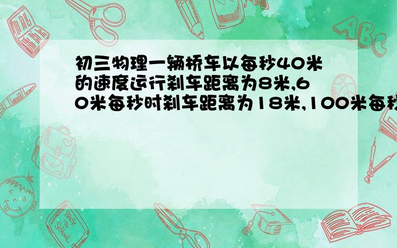 初三物理一辆桥车以每秒40米的速度运行刹车距离为8米,60米每秒时刹车距离为18米,100米每秒运行时刹车距