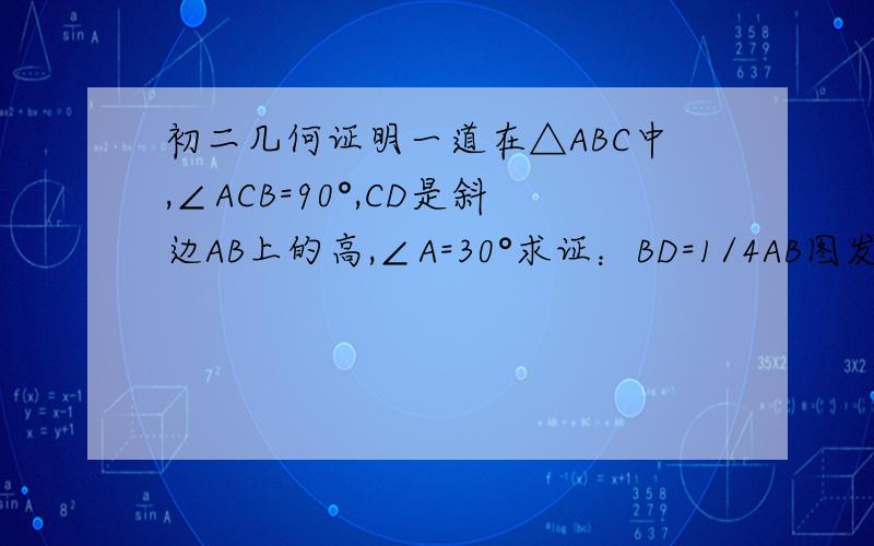 初二几何证明一道在△ABC中,∠ACB=90°,CD是斜边AB上的高,∠A=30°求证：BD=1/4AB图发 不上来 看