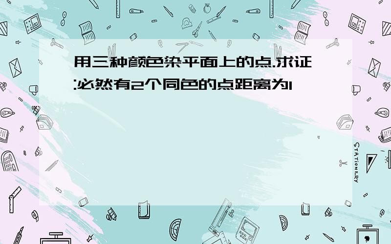 用三种颜色染平面上的点.求证:必然有2个同色的点距离为1