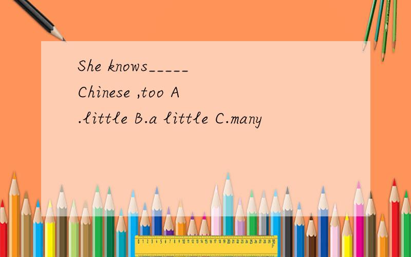 She knows_____Chinese ,too A.little B.a little C.many