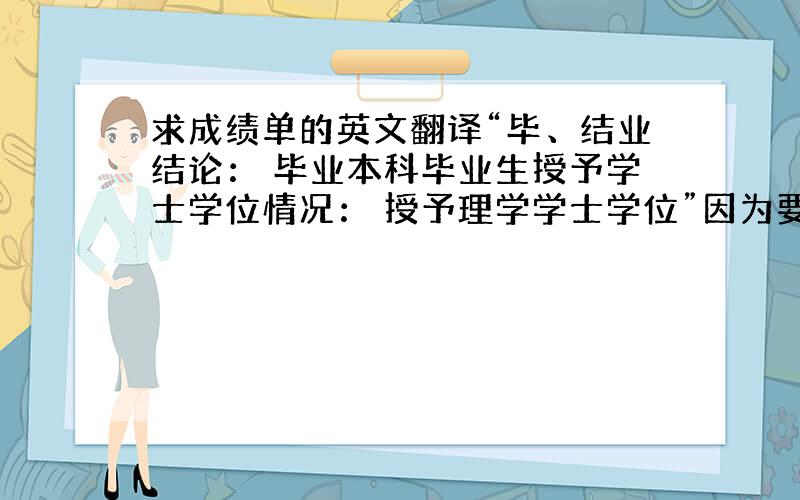 求成绩单的英文翻译“毕、结业结论： 毕业本科毕业生授予学士学位情况： 授予理学学士学位”因为要做英文成绩单,需要翻译这两