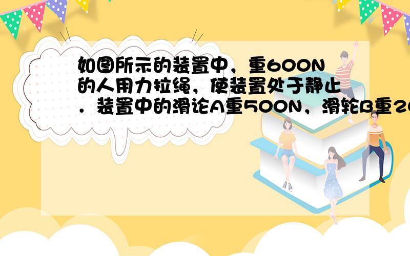 如图所示的装置中，重600N的人用力拉绳，使装置处于静止．装置中的滑论A重500N，滑轮B重200N，底板C重100N．