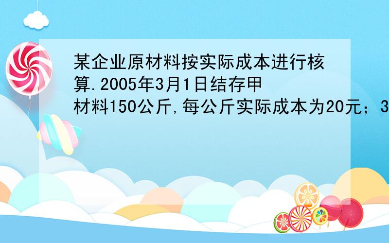 某企业原材料按实际成本进行核算.2005年3月1日结存甲材料150公斤,每公斤实际成本为20元；3月15日购入甲材料25