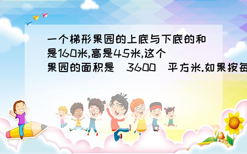 一个梯形果园的上底与下底的和是160米,高是45米,这个果园的面积是（3600）平方米.如果按每8平方米种一棵