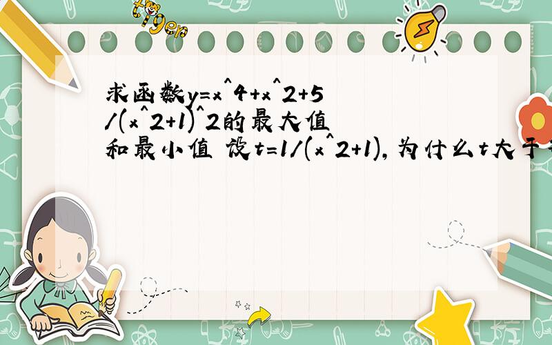 求函数y=x^4+x^2+5/(x^2+1)^2的最大值和最小值 设t=1/(x^2+1),为什么t大于等于0,小于等于