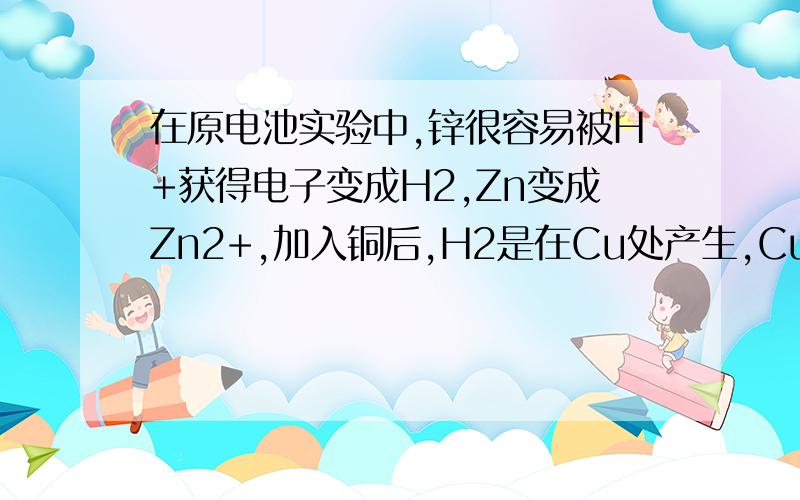 在原电池实验中,锌很容易被H+获得电子变成H2,Zn变成Zn2+,加入铜后,H2是在Cu处产生,Cu不变化.