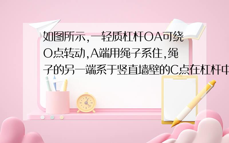 如图所示,一轻质杠杆OA可绕O点转动,A端用绳子系住,绳子的另一端系于竖直墙壁的C点在杠杆中点B处悬挂一重为G的重物,杠