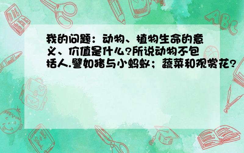 我的问题：动物、植物生命的意义、价值是什么?所说动物不包括人.譬如猪与小蚂蚁；蔬菜和观赏花?